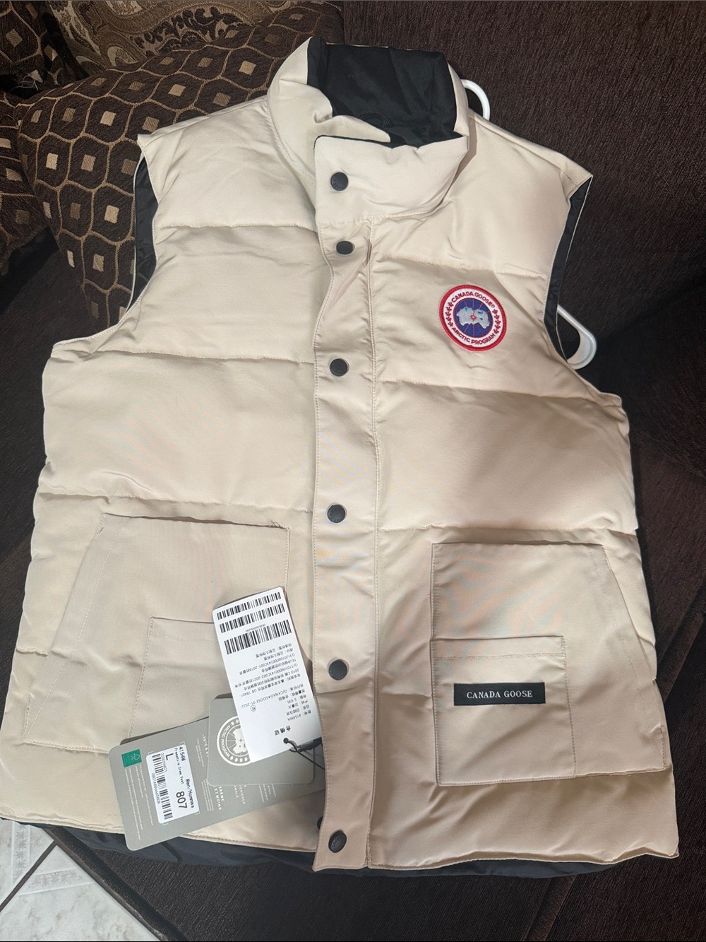 Canada Goose Men's Cream Quilted Down Vest with Logo Patch
